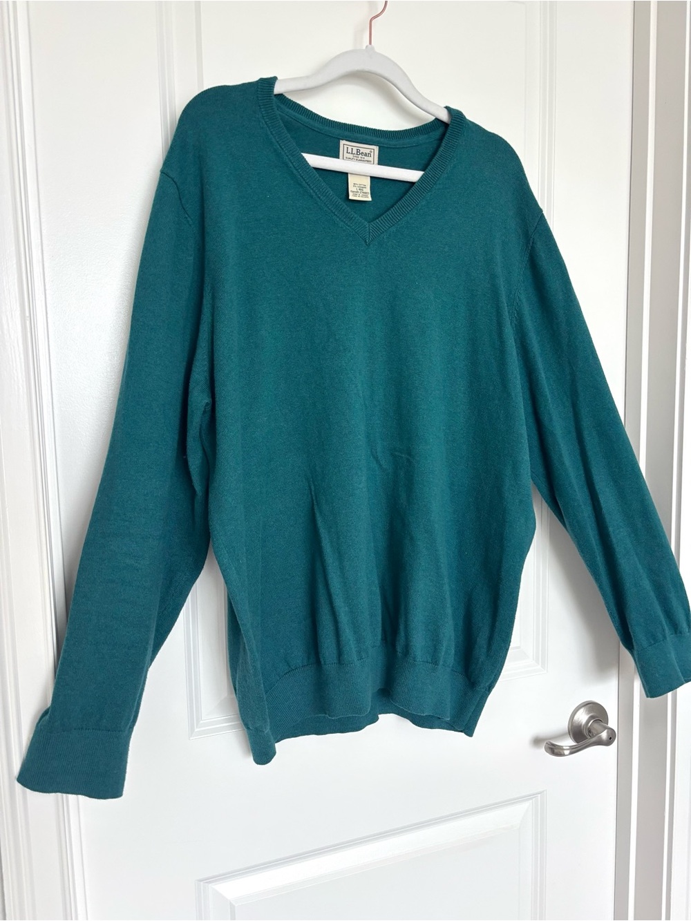L.L.Bean Cotton Cashmere Teal V-Neck Sweater Classic Preppy Coastal large Winter